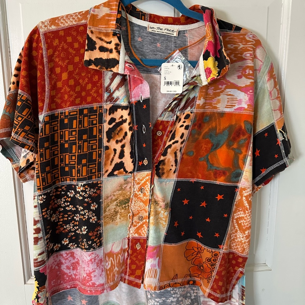We The Free Colorful Patchwork Button Down Shirt